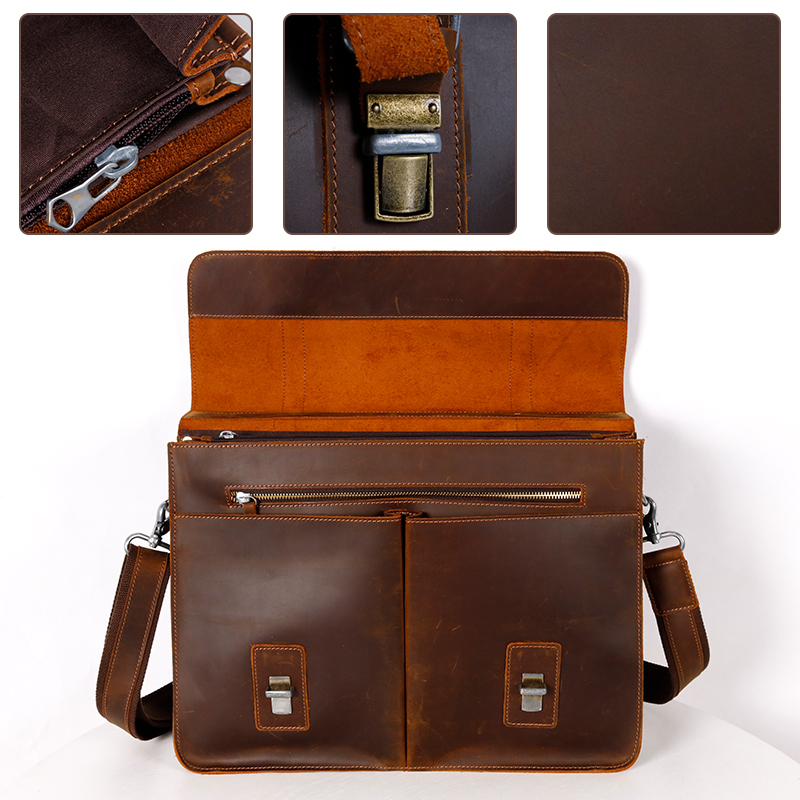  Vintage Luxury Brown Leather Utility Messenger Bag for Men 