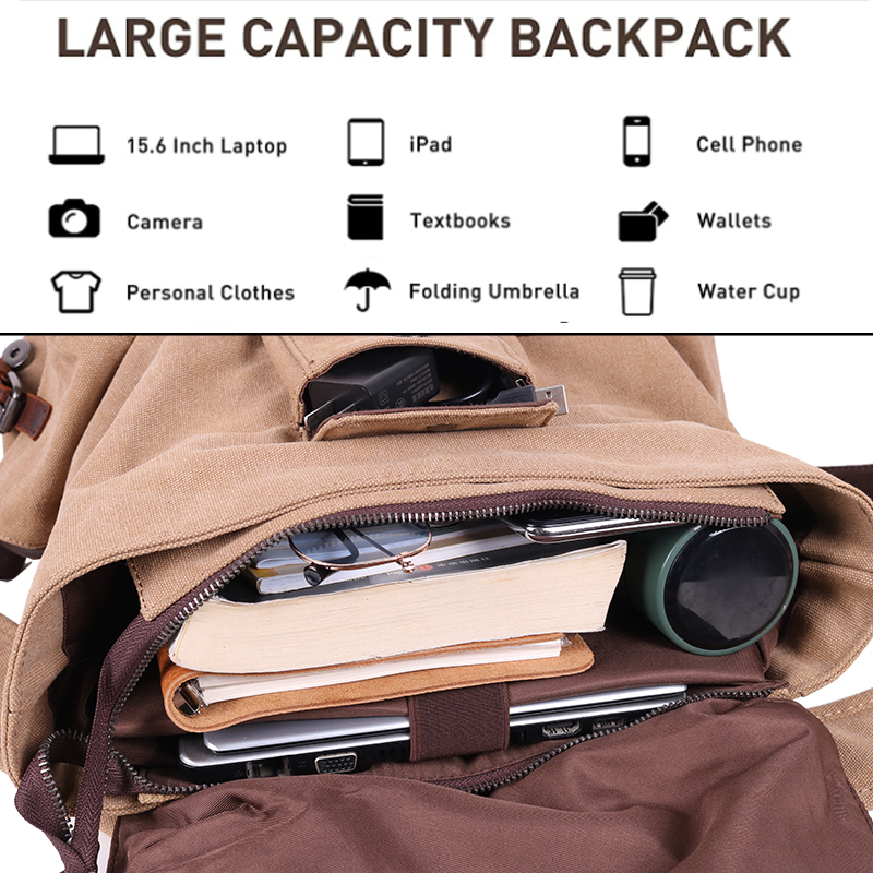 Professional Men Vintage 15.6 Inch Laptop Canvas Leather Casual Sports Backpack 