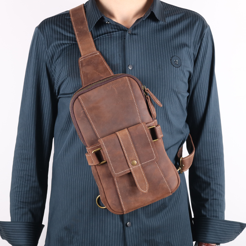  Custom Vintage Full Grain Men Leather Sling Bag