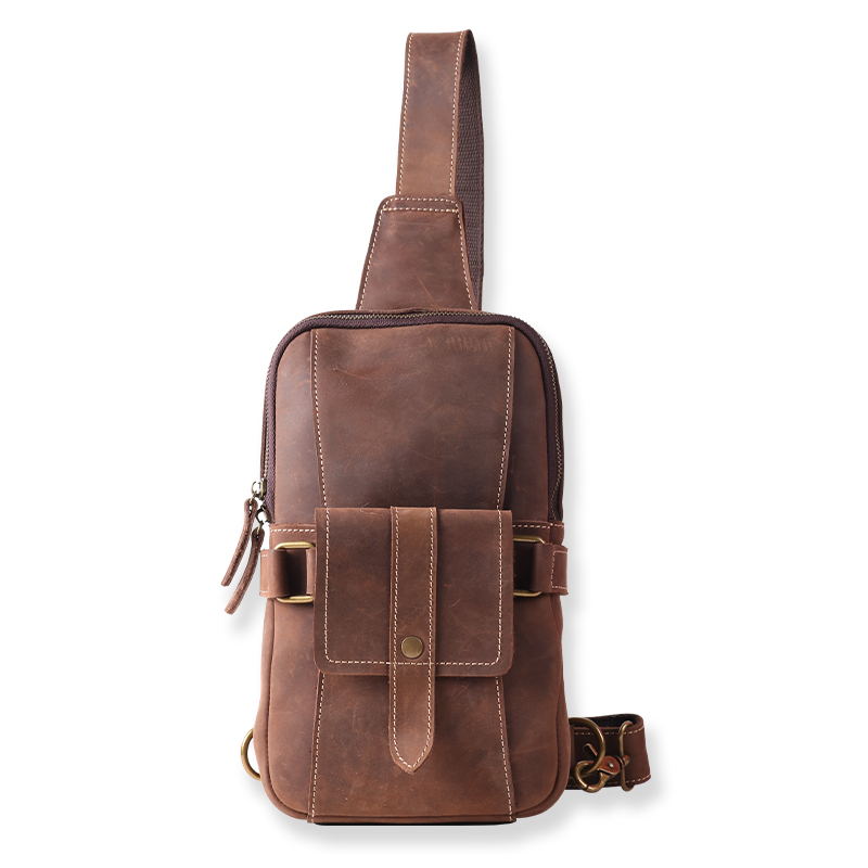 CHANGRONG Custom Vintage Full Grain Men Leather Sling Bag Crossbody Chest Daypack