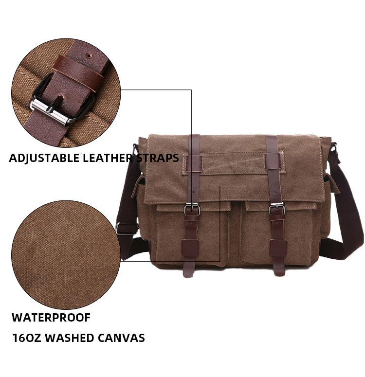 Travel Canvas Leather Messenger Bag Fits 15.6 Inch Laptop