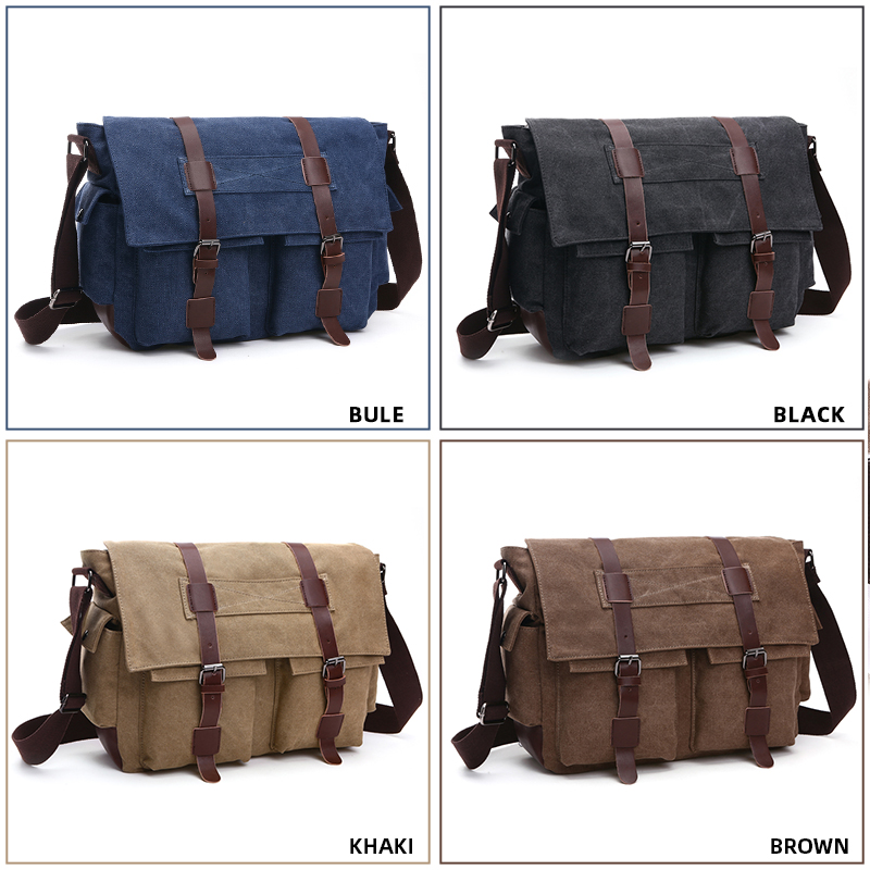 Travel Canvas Leather Messenger Bag Fits 15.6 Inch Laptop