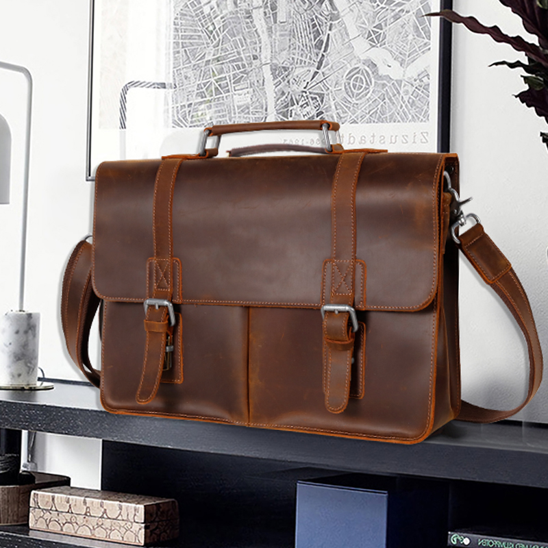  Vintage Luxury Brown Leather Utility Messenger Bag for Men 